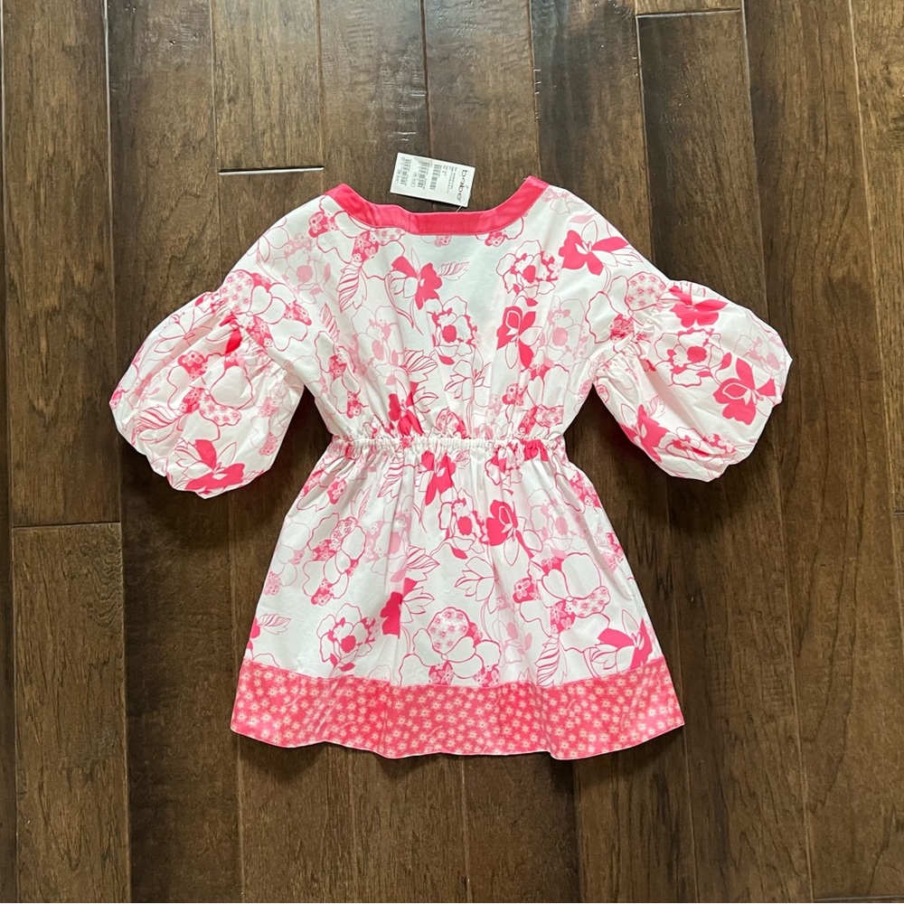 Bebe NWT Pink White Floral V-Neck Babydoll Top Empire Waist Puff Sleeves Sz S - Picture 11 of 15
